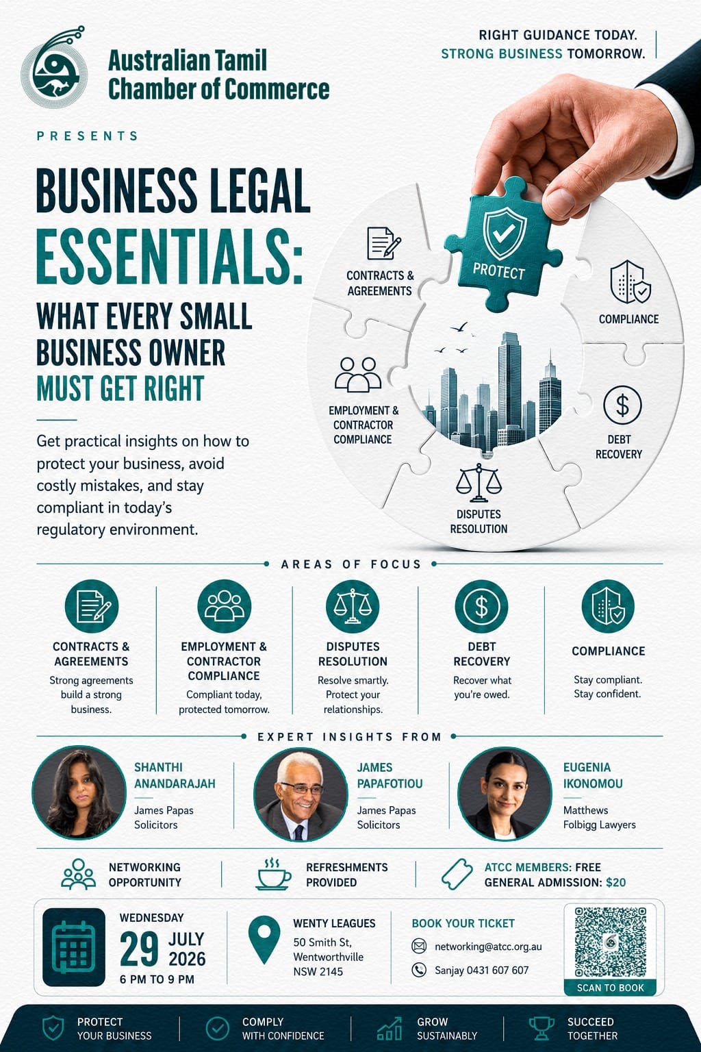 Business Legal Essentials event poster by Australian Tamil Chamber of Commerce for small business owners