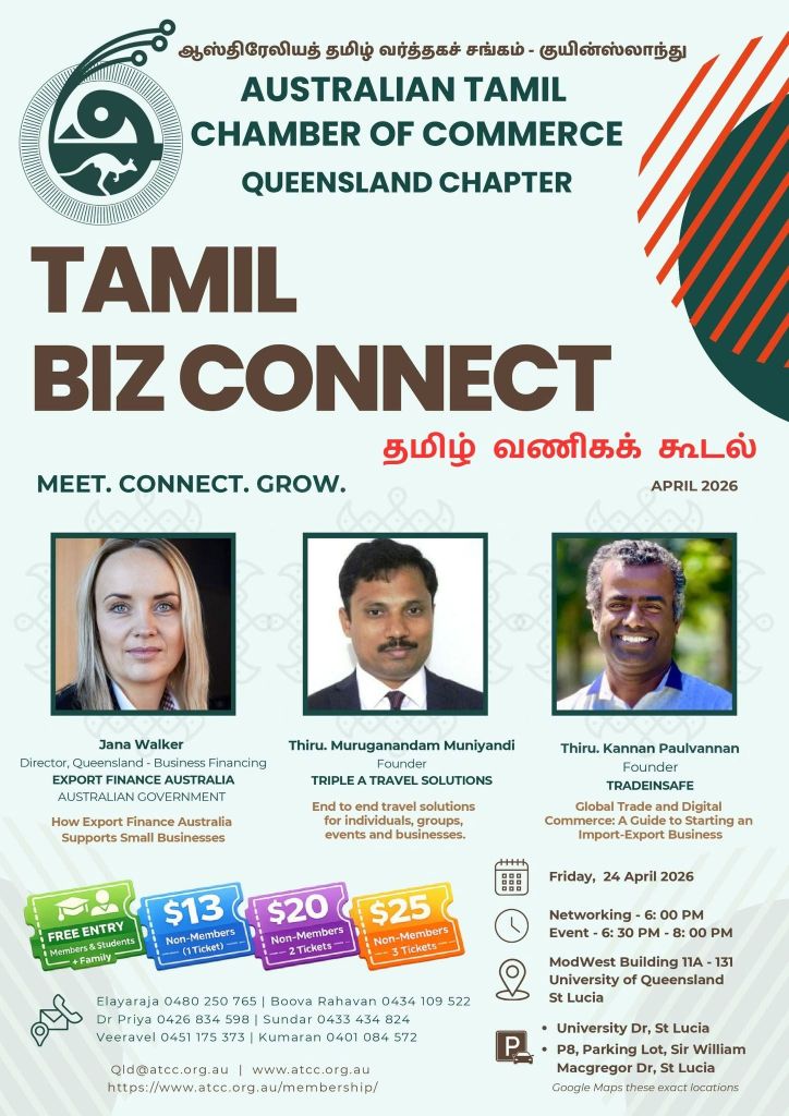 Tamil Biz Connect Queensland April 2026 networking event by Australian Tamil Chamber of Commerce