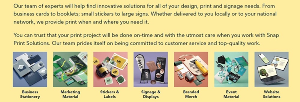 Print and signage solutions including business stationery, marketing materials, stickers, labels, displays, branded merchandise, and event materials